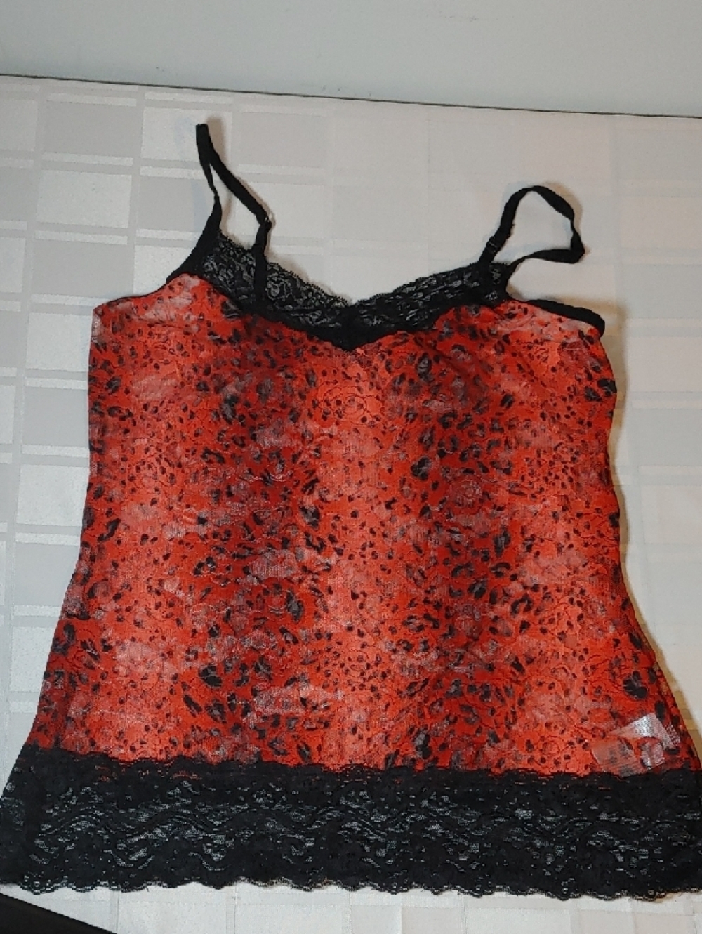 (4/$20) GLO jeans Red and Black Animal-Print Lace Trim Cami